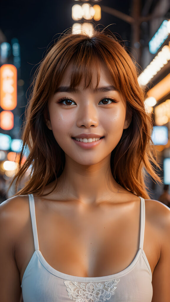 an ultra (((detailed, hyper realistic 8K dynamic photograph))), capturing a joyful 16-year-old Filipino girl with Korean-style bangs and intricate, orange-hued straight full hair. Her eyes are expertly detailed, set against a perfect oval face, while her smile beams confidently at the camera. She wears a sleek, white, short tank top that complements her perfectly curved figure, framed by soft, cinematic lighting and an empty backdrop