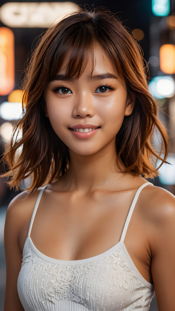 an ultra (((detailed, hyper realistic 8K dynamic photograph))), capturing a joyful 16-year-old Filipino girl with Korean-style bangs and intricate, orange-hued straight full hair. Her eyes are expertly detailed, set against a perfect oval face, while her smile beams confidently at the camera. She wears a sleek, white, short tank top that complements her perfectly curved figure, framed by soft, cinematic lighting and an empty backdrop