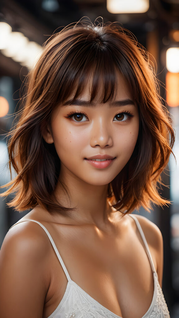 an ultra (((detailed, hyper realistic 8K dynamic photograph))), capturing a joyful 16-year-old Filipino girl with Korean-style bangs and intricate, orange-hued straight full hair. Her eyes are expertly detailed, set against a perfect oval face, while her smile beams confidently at the camera. She wears a sleek, white, short tank top that complements her perfectly curved figure, framed by soft, cinematic lighting and an empty backdrop