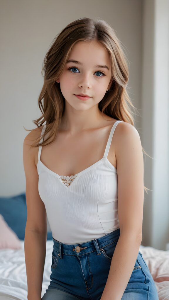 an ultra realistic and high quality professional photograph, capturing a perfectly drawn (((young 13 years old girl))) with flawlessly smooth skin, luxurious straight hazelnut hair with slightly wavy hair that falls gracefully into her shoulders, and bright natural blue eyes. She wears a very short low-cut white plain tank top with a tight bodice and a plunging deep v-neck. The low cut creates a nice line across her belly and emphasizes her perfect anatomy. The girl exudes confidence and looks directly at the viewer, full body view