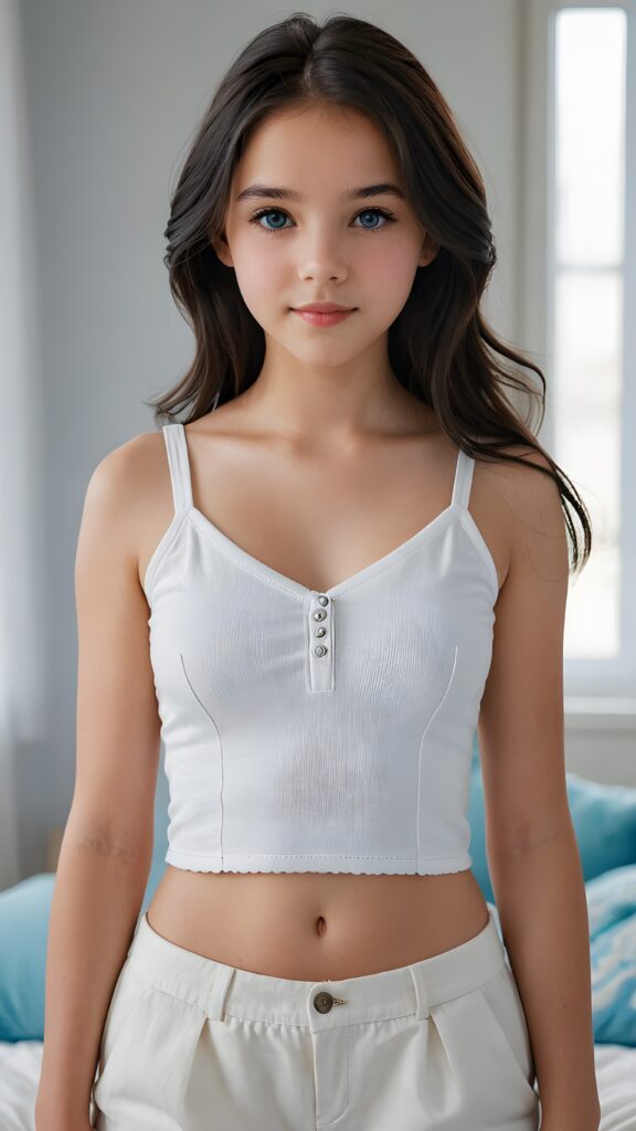 an ultra realistic and high quality professional photograph, capturing a perfectly drawn (((young 13 years old girl))) with flawlessly smooth skin, luxurious straight black hair with slightly wavy hair that falls gracefully into her shoulders, and bright natural blue eyes. She wears a very short low-cut white cotton top with a tight bodice and a plunging deep v-neck. The low cut creates a nice line across her belly and emphasizes her perfect anatomy. The girl exudes confidence and looks directly at the viewer, full body view