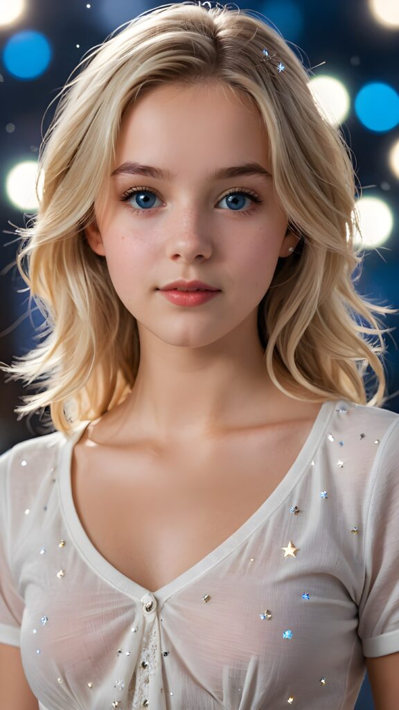 an ultra realistic and high quality professional photograph, capturing a perfectly drawn (((young 14 years old girl))) with flawlessly smooth skin, luxurious straight blond hair with slightly wavy hair that falls gracefully into her shoulders, and bright natural blue eyes that sparkled like stars. She wears a very short low-cut white cotton top with a tight bodice and a plunging v-neck. The low cut creates a nice line across her belly and emphasizes her perfect anatomy. The girl exudes confidence and looks directly at the viewer, full body view