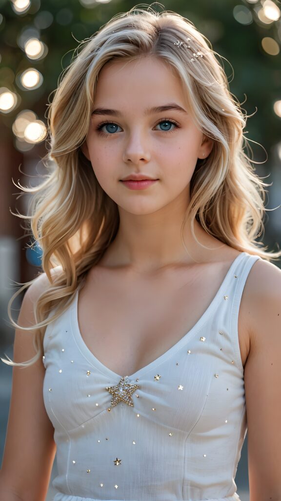 an ultra realistic and high quality professional photograph, capturing a perfectly drawn (((young 14 years old girl))) with flawlessly smooth skin, luxurious straight blond hair with slightly wavy hair that falls gracefully into her shoulders, and bright natural blue eyes that sparkled like stars. She wears a very short low-cut white cotton top with a tight bodice and a plunging v-neck. The low cut creates a nice line across her belly and emphasizes her perfect anatomy. The girl exudes confidence and looks directly at the viewer, full body view