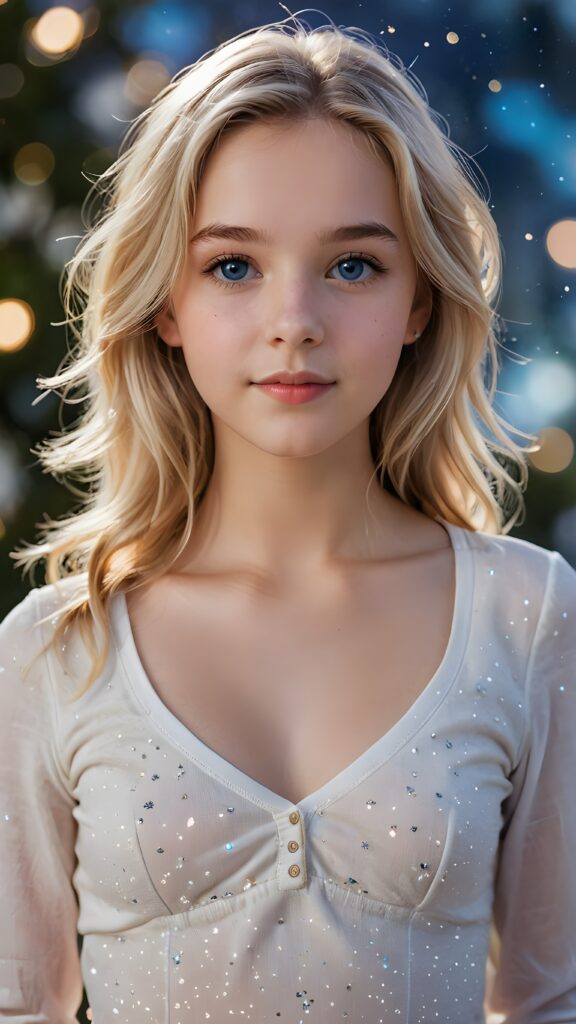 an ultra realistic and high quality professional photograph, capturing a perfectly drawn (((young 14 years old girl))) with flawlessly smooth skin, luxurious straight blond hair with slightly wavy hair that falls gracefully into her shoulders, and bright natural blue eyes that sparkled like stars. She wears a very short low-cut white cotton top with a tight bodice and a plunging v-neck. The low cut creates a nice line across her belly and emphasizes her perfect anatomy. The girl exudes confidence and looks directly at the viewer, full body view