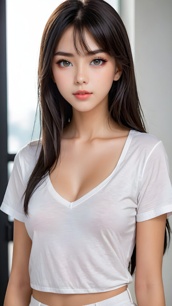 (((anime)) a (((young stunning and gorgeous well-busted teen girl)) with long straight obsidian hair, full lips, hyper-realistic eyes with perfectly matching pupils and white irises, a small flawless nose, and perfectly aligned and symmetrical front teeth, dressed in a (short tight white t-shirt with an open v-neck)