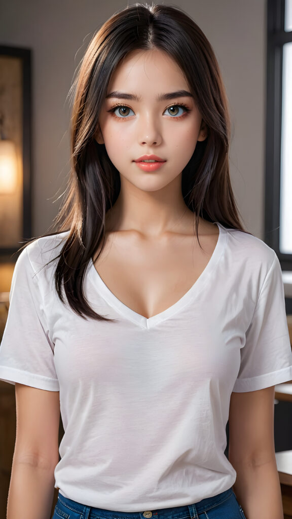 (((anime)) a (((young stunning and gorgeous well-busted teen girl)) with long straight obsidian hair, full lips, hyper-realistic eyes with perfectly matching pupils and white irises, a small flawless nose, and perfectly aligned and symmetrical front teeth, dressed in a (short tight white t-shirt with an open v-neck)