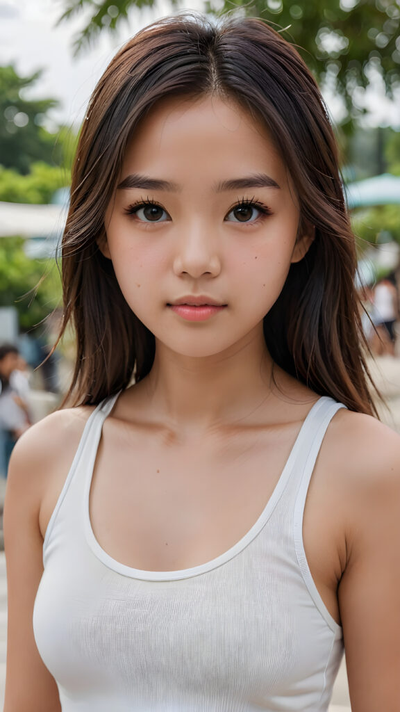 super realistic, detailed face, cute 17 years old Asian girl, long straight hair, realistic detailed eyes, wear white short tight tank top, looks sadly at the camera, perfect curved body