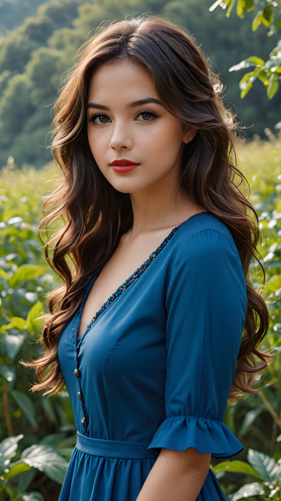 beautiful girl, thin blue dressed, dark brown wavy long hair, brown eyes, nature, lipstick, nature photography, HD photography, beautiful landscape, realistic and natural, 8k, digital painting, concept art