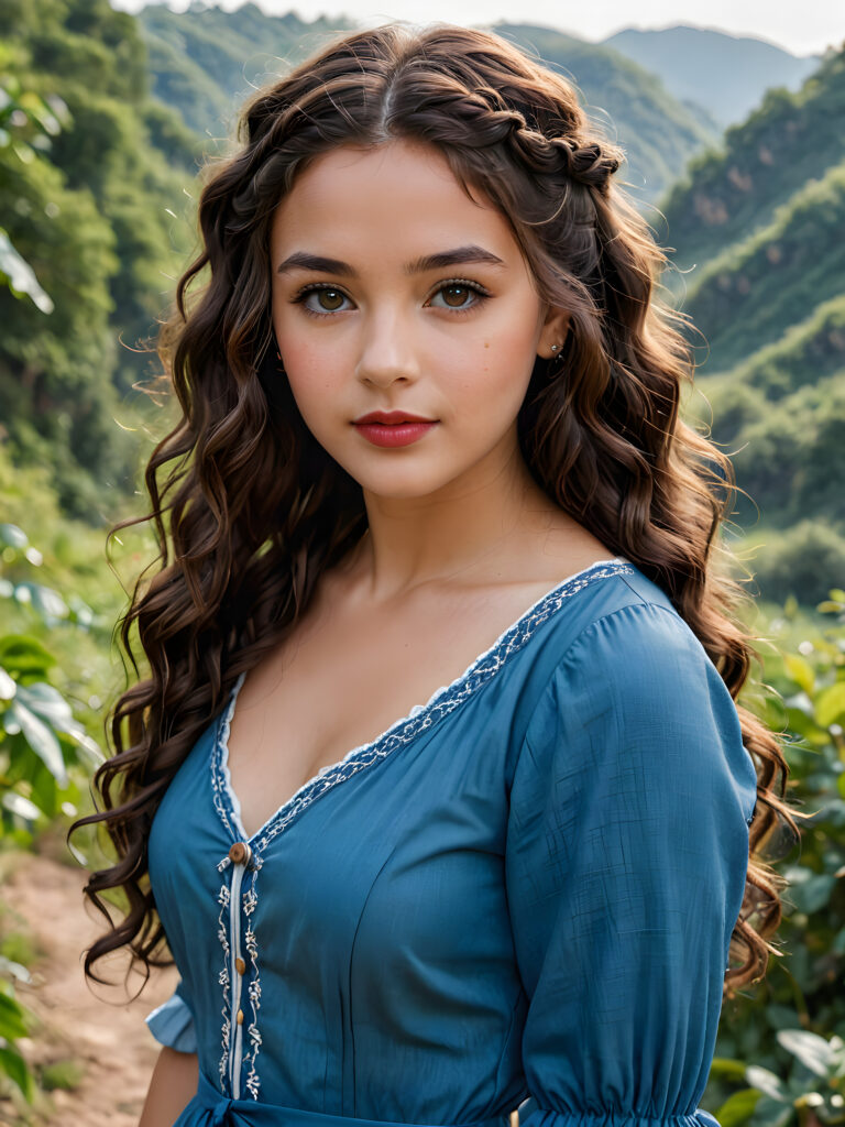 beautiful girl, thin blue dressed, dark brown wavy curly long hair with braids, brown eyes, nature, lipstick, nature photography, HD photography, beautiful landscape, realistic and natural, 8k, digital painting, concept art