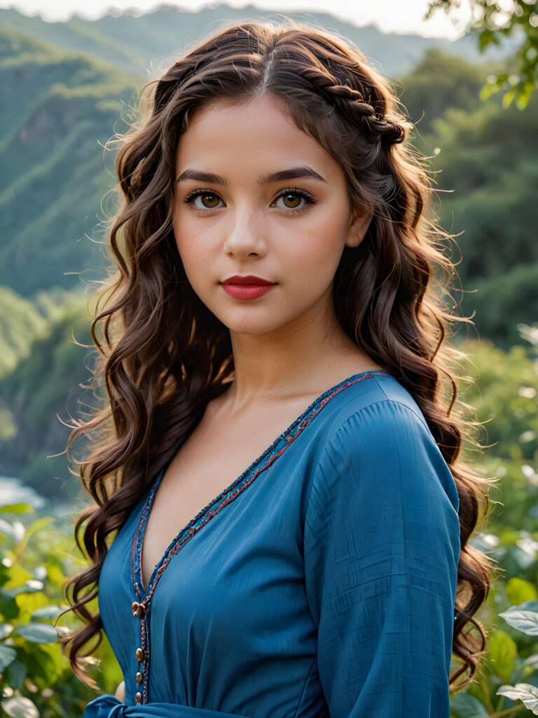 beautiful girl, thin blue dressed, dark brown wavy curly long hair with braids, brown eyes, nature, lipstick, nature photography, HD photography, beautiful landscape, realistic and natural, 8k, digital painting, concept art