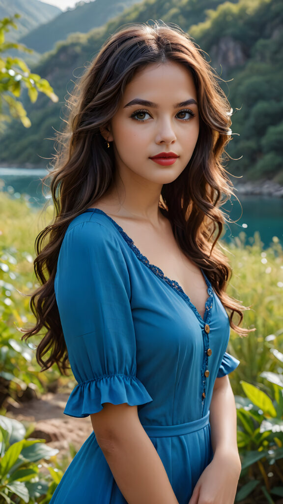 beautiful girl, thin blue dressed, dark brown wavy long hair, brown eyes, nature, lipstick, nature photography, HD photography, beautiful landscape, realistic and natural, 8k, digital painting, concept art