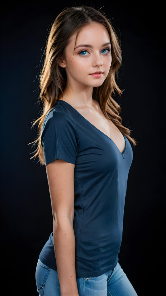 ( beautiful young and delicate petite busty teen girl ), ((thin and long jet black t-shirt)), deep v-neckline, ((seductive look)), (((full body view from the side))), (((light blue eyes))), (((black background))), ((darkblue airmail)), (((stunning))) (((gorgeous)))