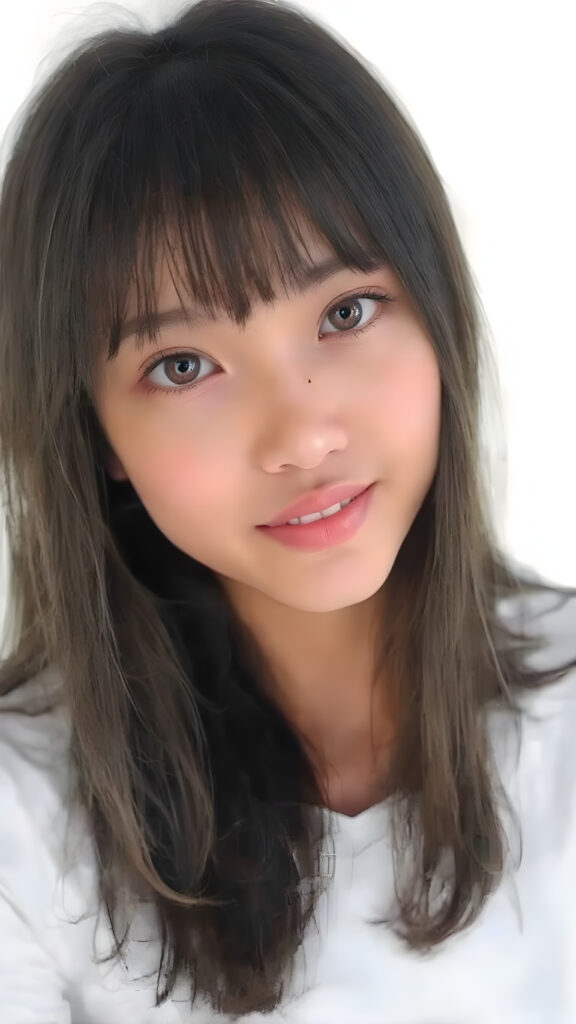 beautiful, young, teen asian girl, oval face, with soft raven black jet straight hair with bangs, detailed and realistic hair, big round amber eyes, a stunning gaze with perfectly straight and white teeth, wearing a white short t-shirt with no wrinkles or design elements, looking confident and natural