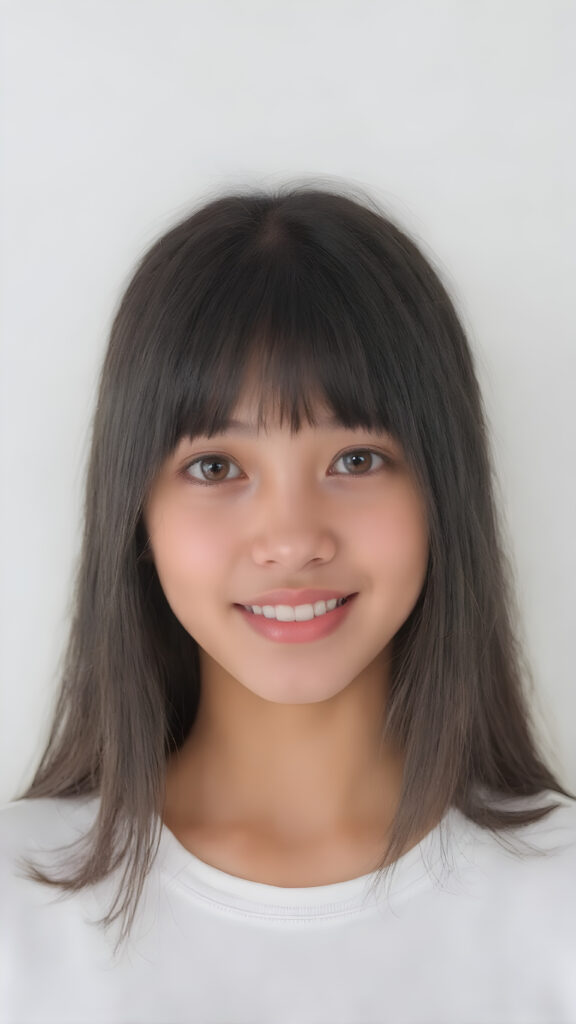 beautiful, young, teen asian girl, oval face, with soft raven black jet straight hair with bangs, detailed and realistic hair, big round amber eyes, a stunning gaze with perfectly straight and white teeth, wearing a white short t-shirt with no wrinkles or design elements, looking confident and natural