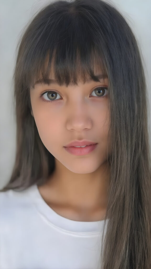 beautiful, young, teen asian girl, oval face, with soft raven black jet straight hair with bangs, detailed and realistic hair, big round amber eyes, a stunning gaze with perfectly straight and white teeth, wearing a white short t-shirt with no wrinkles or design elements, looking confident and natural