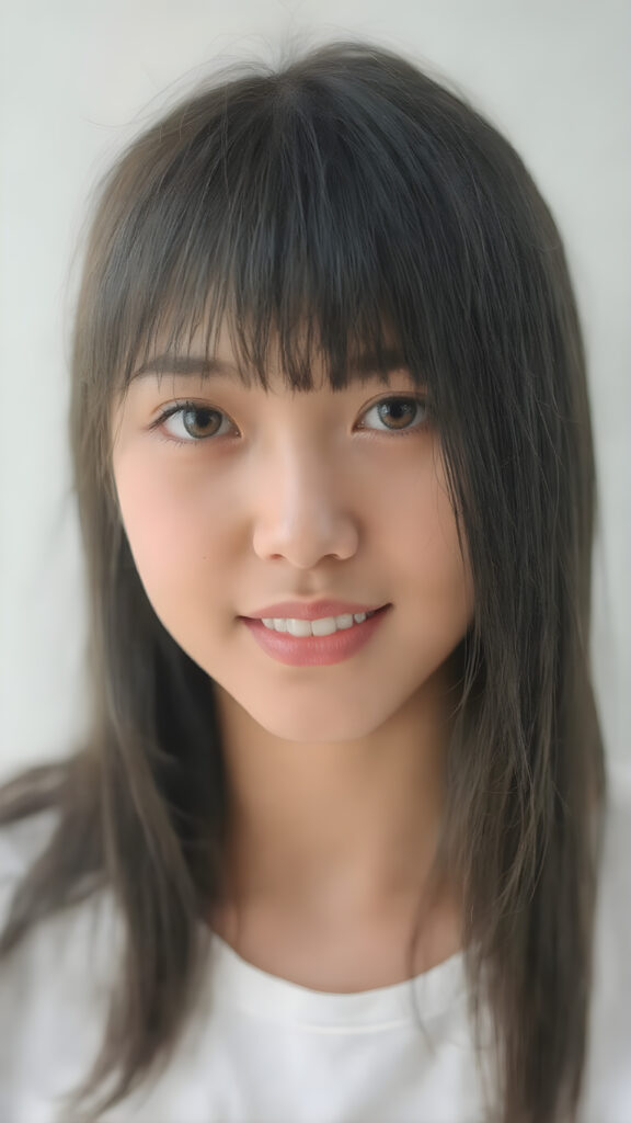 beautiful, young, teen asian girl, oval face, with soft raven black jet straight hair with bangs, detailed and realistic hair, big round amber eyes, a stunning gaze with perfectly straight and white teeth, wearing a white short t-shirt with no wrinkles or design elements, looking confident and natural