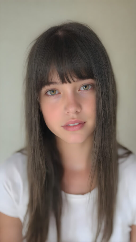 beautiful, young, teen girl, oval face, with soft raven black jet straight hair with bangs, detailed and realistic hair, big round amber eyes, a stunning gaze with perfectly straight and white teeth, wearing a white short t-shirt with no wrinkles or design elements, looking confident and natural