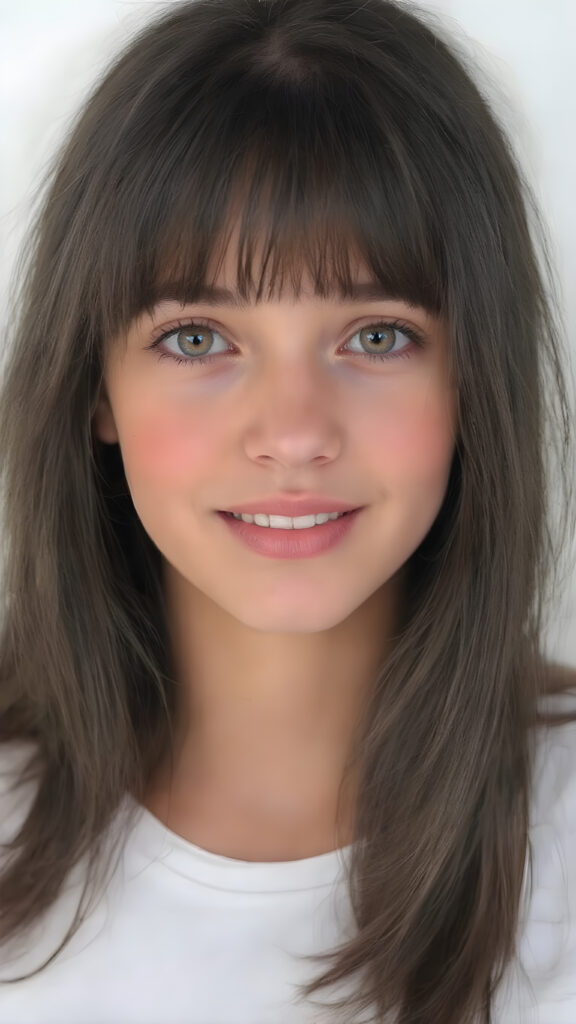 beautiful, young, teen girl, oval face, with soft raven black jet straight hair with bangs, detailed and realistic hair, big round amber eyes, a stunning gaze with perfectly straight and white teeth, wearing a white short t-shirt with no wrinkles or design elements, looking confident and natural