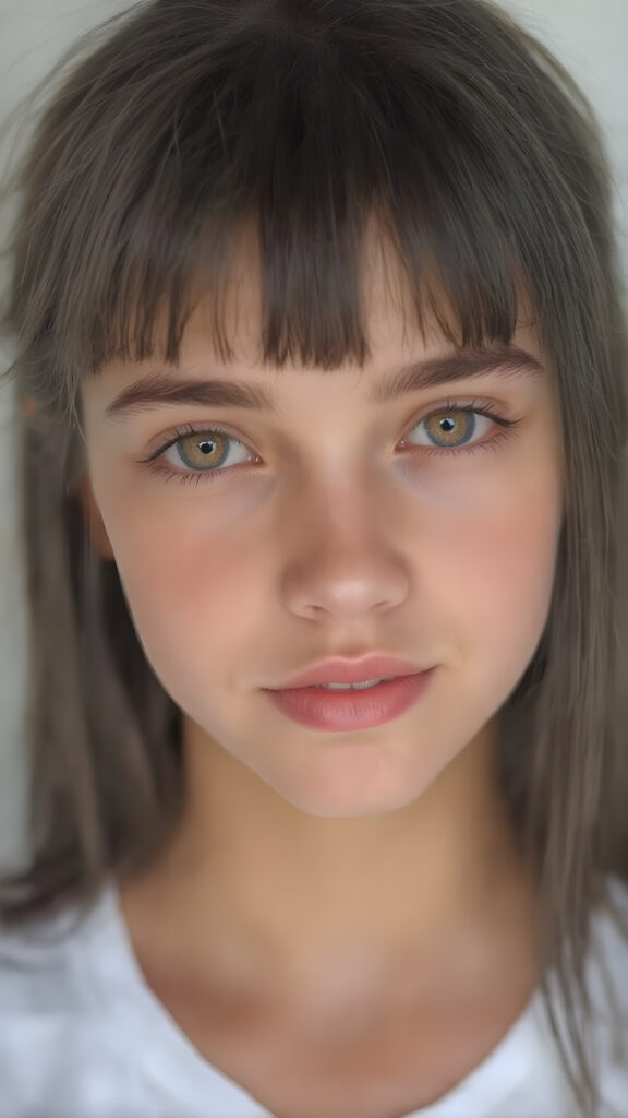 beautiful, young, teen girl, oval face, with soft raven black jet straight hair with bangs, detailed and realistic hair, big round amber eyes, a stunning gaze with perfectly straight and white teeth, wearing a white short t-shirt with no wrinkles or design elements, looking confident and natural