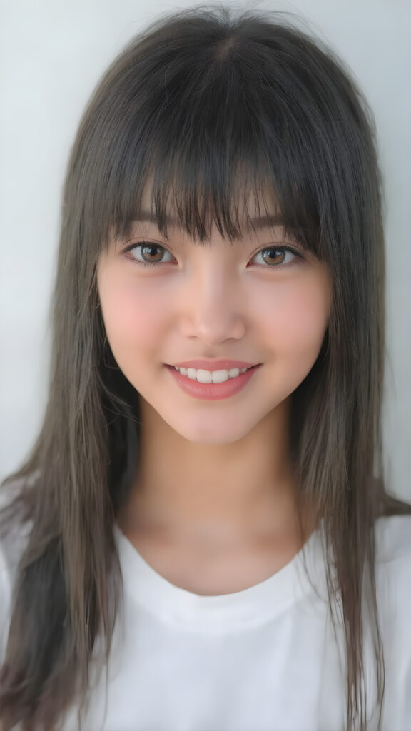 beautiful, young, teen asian girl, oval face, with soft raven black jet straight hair with bangs, detailed and realistic hair, big round amber eyes, a stunning gaze with perfectly straight and white teeth, wearing a white short t-shirt with no wrinkles or design elements, looking confident and natural