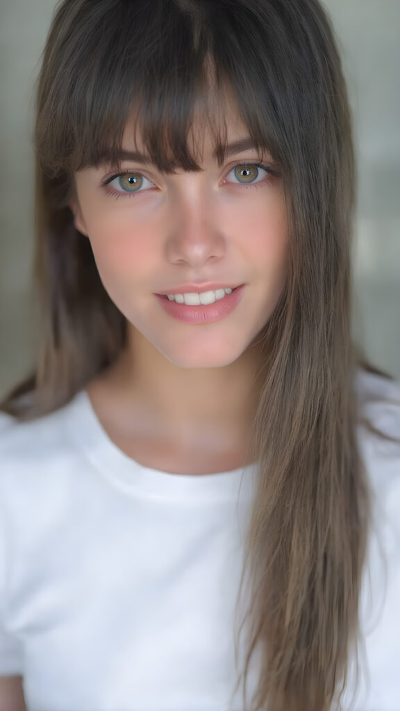 beautiful, young, teen girl, oval face, with soft raven black jet straight hair with bangs, detailed and realistic hair, big round amber eyes, a stunning gaze with perfectly straight and white teeth, wearing a white short t-shirt with no wrinkles or design elements, looking confident and natural