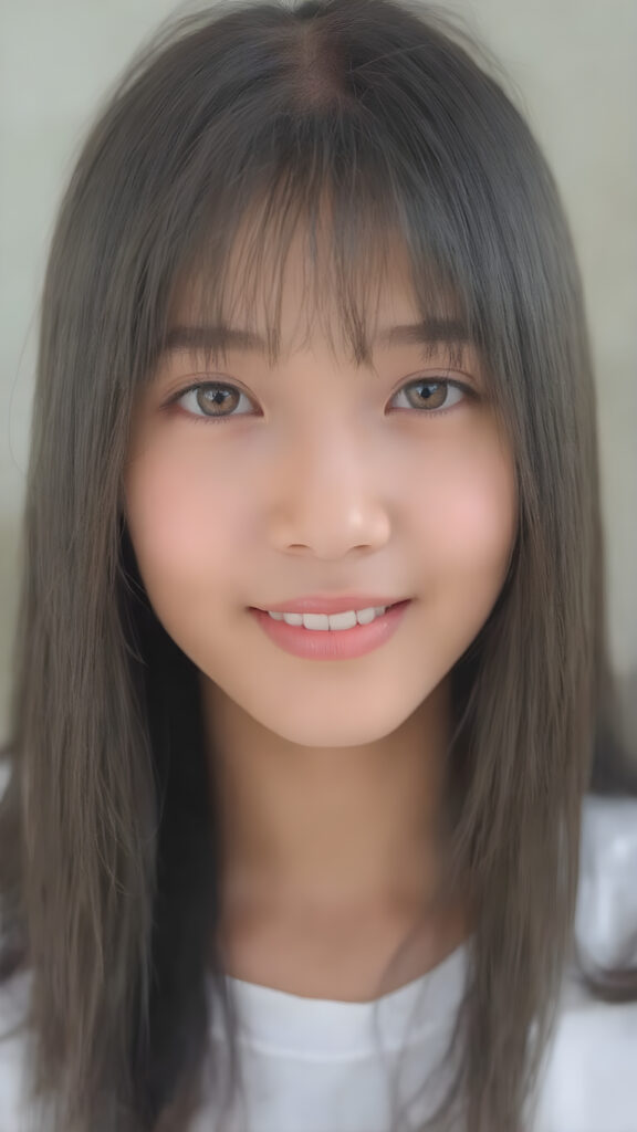 beautiful, young, teen asian girl, oval face, with soft raven black jet straight hair with bangs, detailed and realistic hair, big round amber eyes, a stunning gaze with perfectly straight and white teeth, wearing a white short t-shirt with no wrinkles or design elements, looking confident and natural