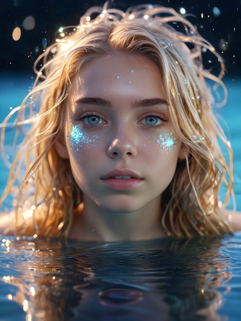 beautiful young teen girl, in the style of hyper-realistic water, surreal robotics, starfish, reflections. With exaggeratedly voluminous, mid (((dirty blonde hair))) messy hair, (light indigo eyes) (((holographic iridescent multi colored metallic)))