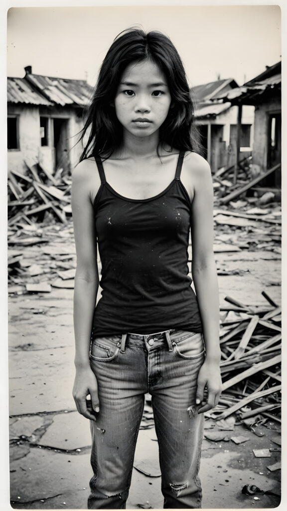 ((black and white Polaroid photo from the 1960s)) a young abandoned, sad, lonely, poor Vietnamese girl looks sadly, she has disheveled long black messy hair. She is hopeless. She is poor, thin dressed in a tattered tank top and jeans pants and stands alone in front of the viewer. She cries. She has a dirty face. She is skinny. There are (destroyed and burning houses) in the background, ((realistic, detailed photo))