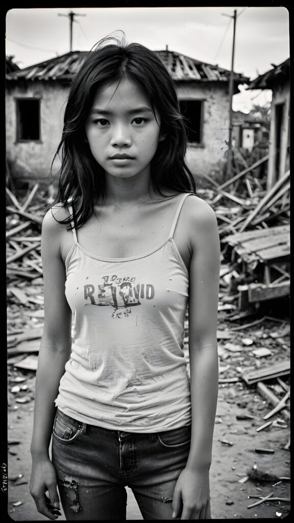 ((black and white Polaroid photo from the 1960s)) a young abandoned, sad, lonely, poor Vietnamese girl looks sadly, she has disheveled long black messy hair. She is hopeless. She is poor, thin dressed in a tattered tank top and jeans pants and stands alone in front of the viewer. She cries. She has a dirty face. She is skinny. There are (destroyed and burning houses) in the background, ((realistic, detailed photo))