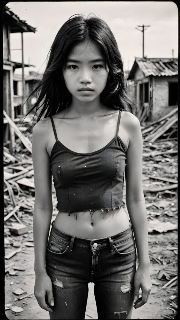 ((black and white Polaroid photo from the 1960s)) a young abandoned, sad, lonely, poor Vietnamese girl looks sadly, she has disheveled long black messy hair. She is hopeless. She is poor, thin dressed in a tattered tank top and jeans pants and stands alone in front of the viewer. She cries. She has a dirty face. She is skinny. There are (destroyed and burning houses) in the background, ((realistic, detailed photo))