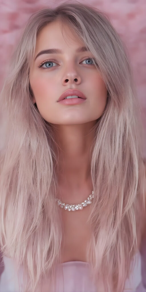 breathtakingly beautiful (((full body vertical length view from the front))), showcasing a lady with ( long, flowing Ash pink colour shiny hairs)), which frame her face as she gazes upward into the camera, her eyes are (violet in colour)), and her lips are ((full and painted in a warm, inviting light pink hue)), that add a pop of color contrast to her overall look. She's dressed in a (long sleeves tulle gown , translucent violet pink chiffon skirt)) and ((a light pink sheer, shimmering, sparkling gemstone necklace)), pearl earrings which adds a touch of sophistication and opulence to her ensemble. The scene is imbued with a sense of fantasy and imagination, as if captured in a dreamlike moment of the lady's colorful hair cascading down to her waist, creating a striking contrast against her warm skin and the cool tones of the surrounding environment.