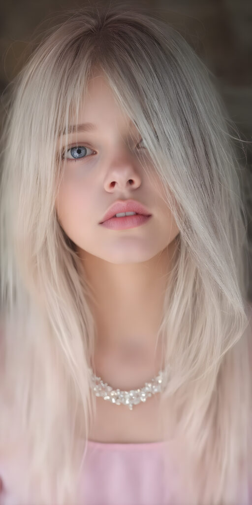 breathtakingly beautiful (((full body vertical length view from the front))), showcasing a young girl with (long, flowing ash pink color shiny hairs)), which frame her face as she gazes upward into the camera, her eyes are (violet in color)), and her lips are ((full and painted in a warm, inviting light pink hue)), that add a pop of color contrast to her overall look. She's dressed in a (long sleeves tulle gown , translucent violet pink chiffon skirt)), the scene is imbued with a sense of fantasy and imagination, as if captured in a dreamlike moment of the lady's colorful hair cascading down to her waist, creating a striking contrast against her warm skin and the cool tones of the surrounding environment.