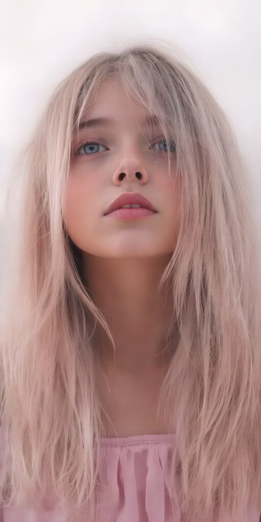 breathtakingly beautiful (((full body vertical length view from the front))), showcasing a young girl with (long, flowing ash pink color shiny hairs)), which frame her face as she gazes upward into the camera, her eyes are (violet in color)), and her lips are ((full and painted in a warm, inviting light pink hue)), that add a pop of color contrast to her overall look. She's dressed in a (long sleeves tulle gown , translucent violet pink chiffon skirt)), the scene is imbued with a sense of fantasy and imagination, as if captured in a dreamlike moment of the lady's colorful hair cascading down to her waist, creating a striking contrast against her warm skin and the cool tones of the surrounding environment.