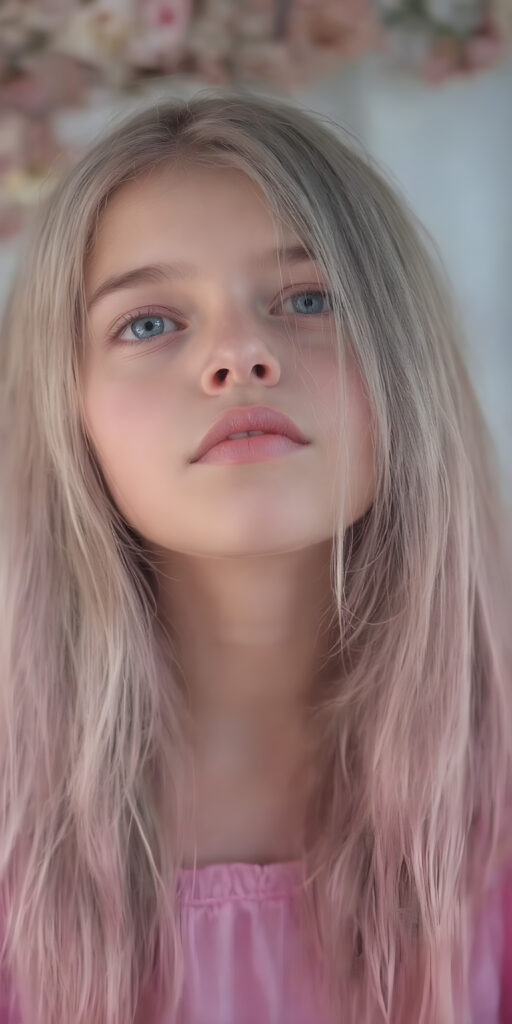 breathtakingly beautiful (((full body vertical length view from the front))), showcasing a young girl with (long, flowing ash pink color shiny hairs)), which frame her face as she gazes upward into the camera, her eyes are (violet in color)), and her lips are ((full and painted in a warm, inviting light pink hue)), that add a pop of color contrast to her overall look. She's dressed in a (long sleeves tulle gown , translucent violet pink chiffon skirt)), the scene is imbued with a sense of fantasy and imagination, as if captured in a dreamlike moment of the lady's colorful hair cascading down to her waist, creating a striking contrast against her warm skin and the cool tones of the surrounding environment.