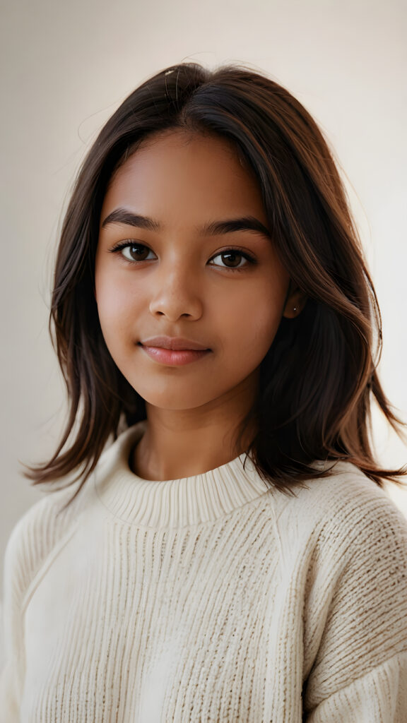 capture a vividly detailed (((natural brown-skinned teen girl))) with straight, mid-length, dark obsidian hair and a round face, wearing a ((thin, white woolen sweater)) against a (((softly dimmed backdrop))), with elegant, subtle shadows that convey a feeling of warmth and contentment