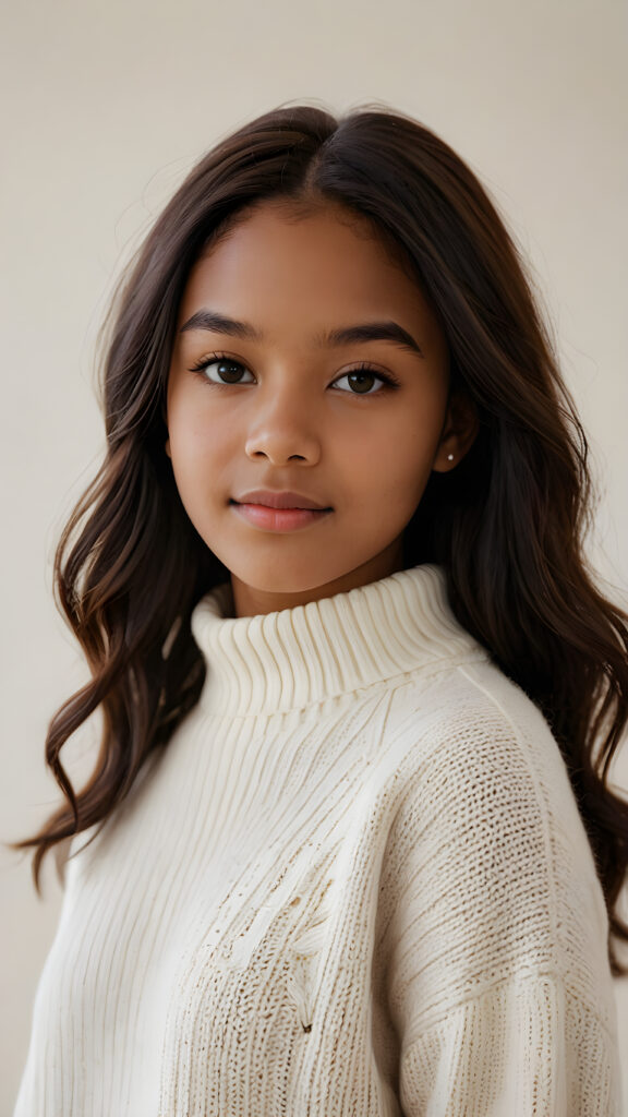 capture a vividly detailed (((natural brown-skinned teen girl))) with straight, mid-length, dark obsidian hair and a round face, wearing a ((thin, white woolen sweater)) against a (((softly dimmed backdrop))), with elegant, subtle shadows that convey a feeling of warmth and contentment