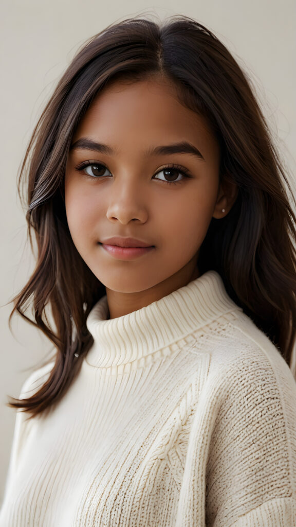 capture a vividly detailed (((natural brown-skinned teen girl))) with straight, mid-length, dark obsidian hair and a round face, wearing a ((thin, white woolen sweater)) against a (((softly dimmed backdrop))), with elegant, subtle shadows that convey a feeling of warmth and contentment