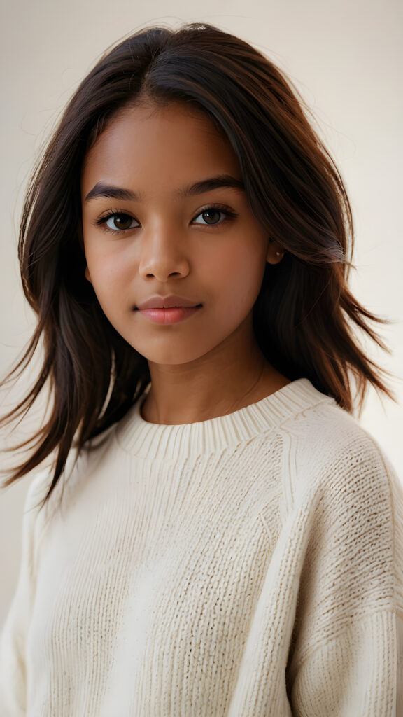 capture a vividly detailed (((natural brown-skinned teen girl))) with straight, mid-length, dark obsidian hair and a round face, wearing a ((thin, white woolen sweater)) against a (((softly dimmed backdrop))), with elegant, subtle shadows that convey a feeling of warmth and contentment