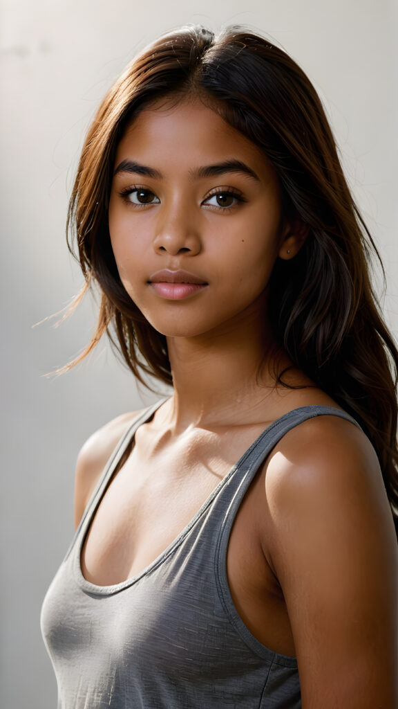 capture a vividly detailed (((natural brown-skinned Exotic teen girl))) with long soft straight, length, dark obsidian hair and a round face, wearing a ((thin, grey tank top)) against a (((softly dimmed backdrop))), with elegant, subtle shadows that convey a feeling of warmth and contentment