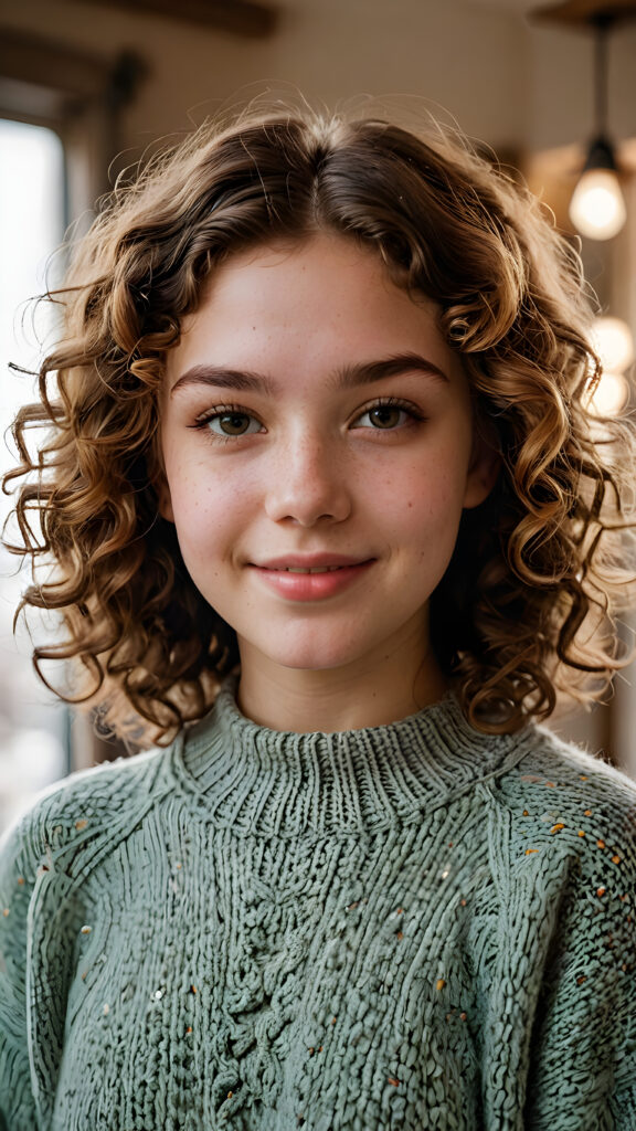 capture the essence of a (((natural teen girl))), exuding a contagious cheerfulness that brings joy to those around her. Her soft, curls frame a (((round face))), which complements a warm, ((thin woolen sweater)) she wears