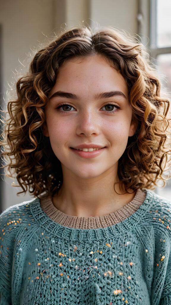 capture the essence of a (((natural teen girl))), exuding a contagious cheerfulness that brings joy to those around her. Her soft, curls frame a (((round face))), which complements a warm, ((thin woolen sweater)) she wears