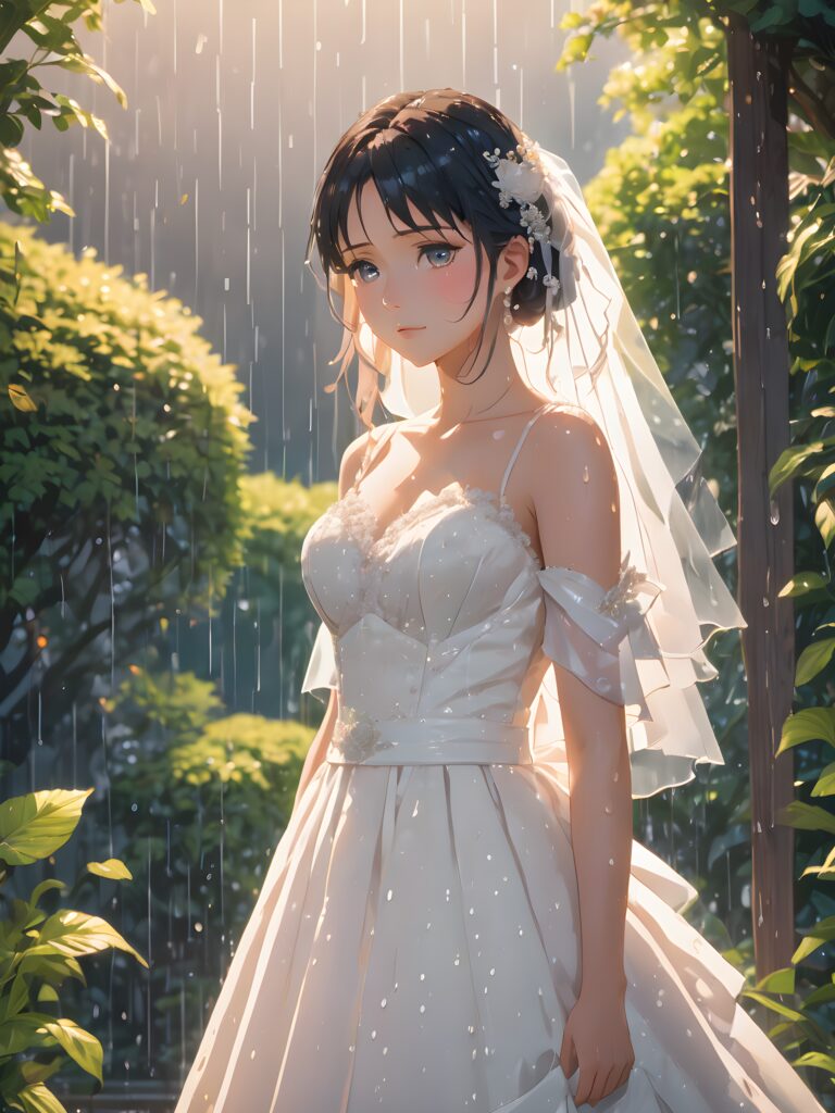 a (((bride-to-be))) standing patiently underneath a gently drizzling (((garden))), her face streaked with heartbreaking tears, encapsulating a profoundly sorrowful atmosphere despite the (((soft rain))) falling around her