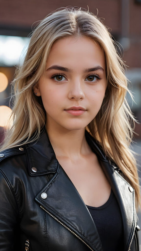 close up a very attractive strict young 16 year old Swedish girl with long straight blonde hair, thick eyebrows and dark brown eyes wearing black leather jacket