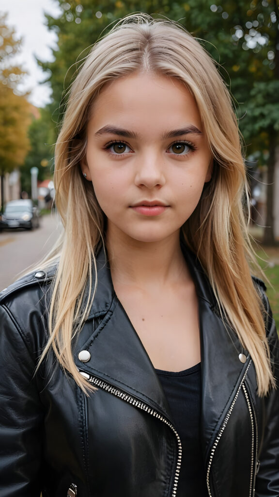 close up a very attractive strict young 16 year old Swedish girl with long straight blonde hair, thick eyebrows and dark brown eyes wearing black leather jacket