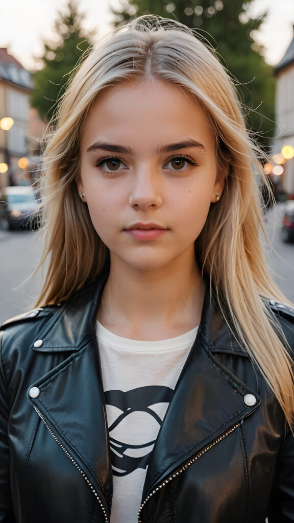 close up a very attractive strict young 16 year old Swedish girl with long straight blonde hair, thick eyebrows and dark brown eyes wearing black leather jacket