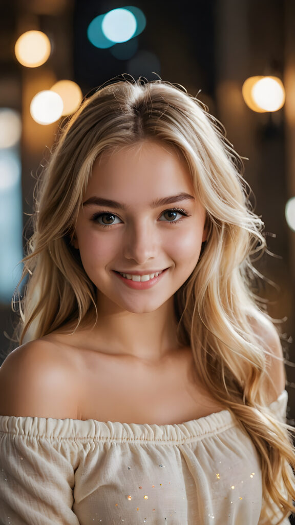 (((close up portrait))) of a (((beautiful))) ((cute)) beautiful young girl, blonde long hair, off shoulder stereo fold over front top, ((cheerful smile)), ((face illuminated)), (((looking into the camera)))