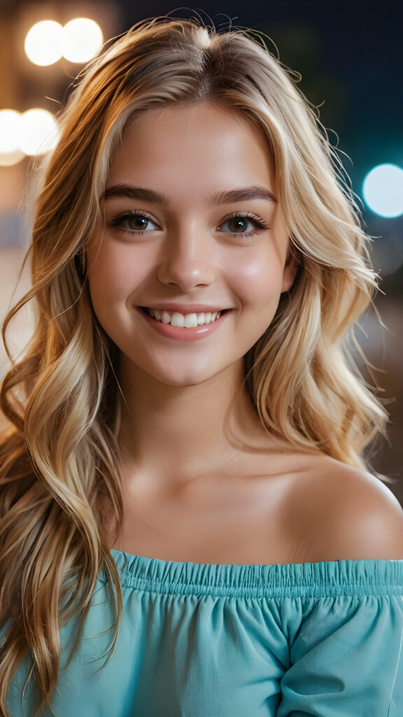 (((close up portrait))) of a (((beautiful))) ((cute)) beautiful young girl, blonde long hair, off shoulder stereo fold over front top, ((cheerful smile)), ((face illuminated)), (((looking into the camera)))