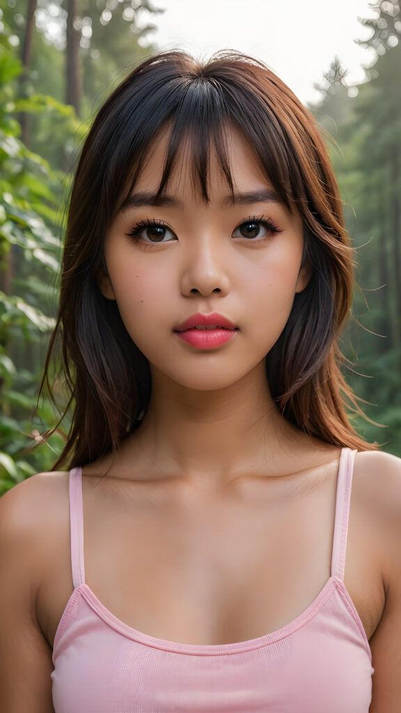 ((close up portrait)) a young cute busy tanned Asian teen girl with long, straight and shiny jet brown hair, bangs frame her face, ((full plump red lips)), wears a ((pink cropped tank top)), looks seductively at the viewer. In the background a misty, gloomy forest with faint moonlight, she has a perfect fit curved body, ((side view))