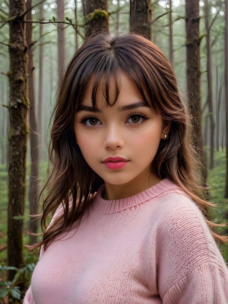 ((close up portrait)) a young cute busty tanned teen girl with long, straight and shiny jet brown hair, bangs frame her face, ((full plump red lips)), wears a ((pink sweater made of fine wool)), looks seductively at the viewer. In the background a misty, gloomy forest with faint moonlight, she has a perfect fit curved body, ((side view))