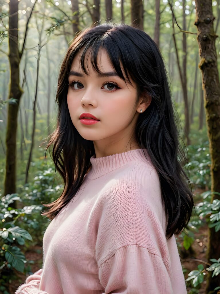 ((close up portrait)) a young cute busty teen girl with long, straight and shiny jet black hair, bangs frame her face, ((full plump red lips)), wears a ((light pink sweater made of fine wool)), looks seductively at the viewer. In the background a misty, gloomy forest with faint moonlight, she has a perfect fit curved body, ((side view))